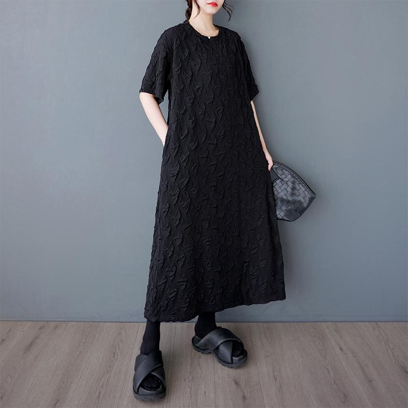 DIMANAF 2025 Платье большого размера Женское Летнее Длинное Платье-рубашка Повседневное Свободное Базовое Однотонное Винтажное Черное Платье Макси