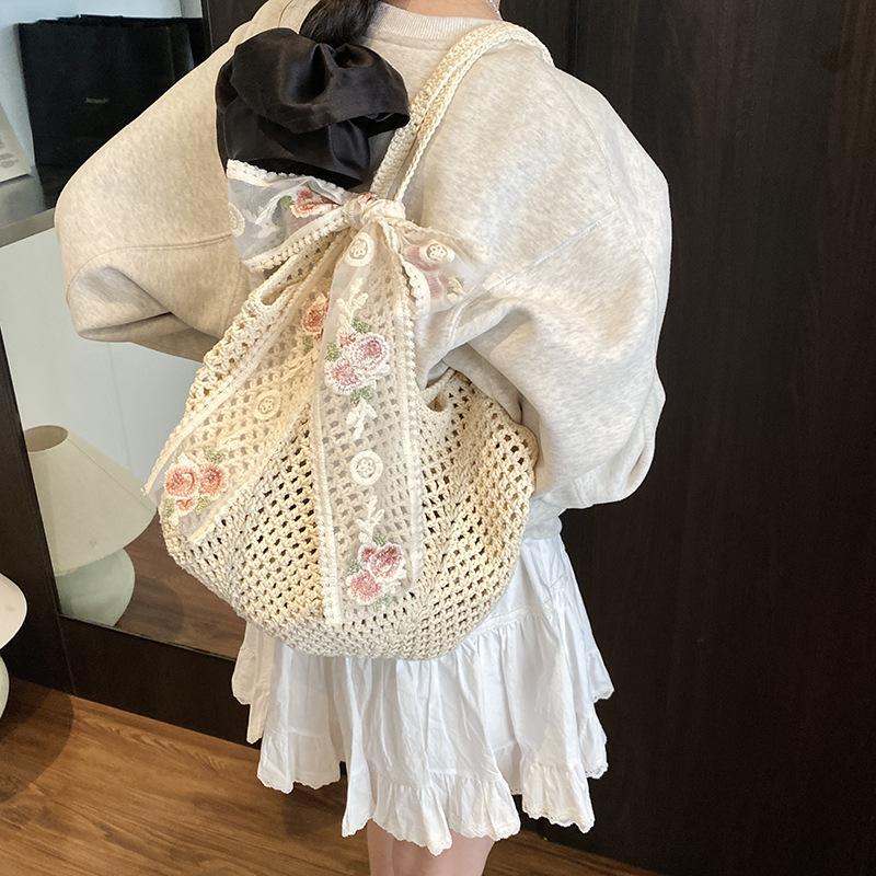 Solid Color Crochet Tote Handbag Summer Beach Scarf Decor Fashion Women's Mesh Woven Shoulder Bags Large Capacity Knitting Underarm Bag CLE
