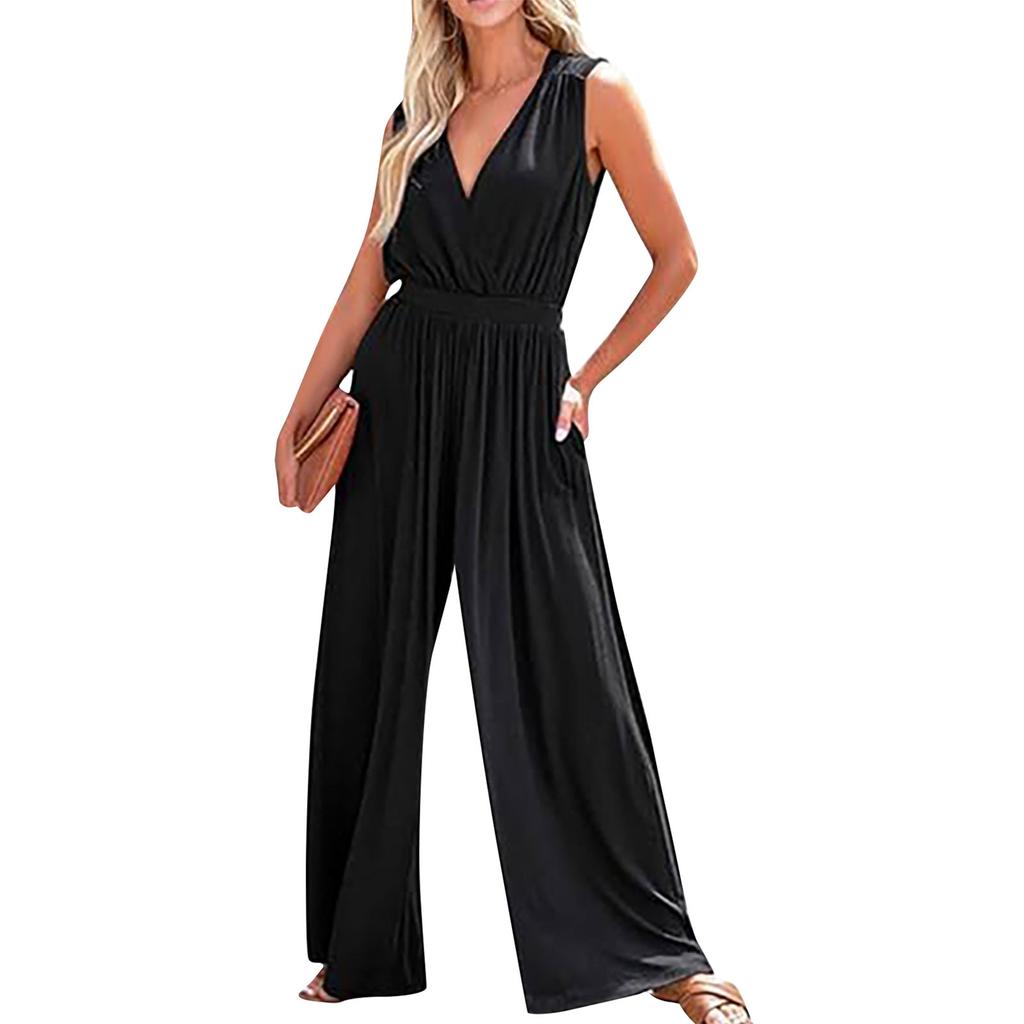 Women's Summer V-Neck Sleeveless Fashion Waist-slimming Sleeveless Jumpsuit