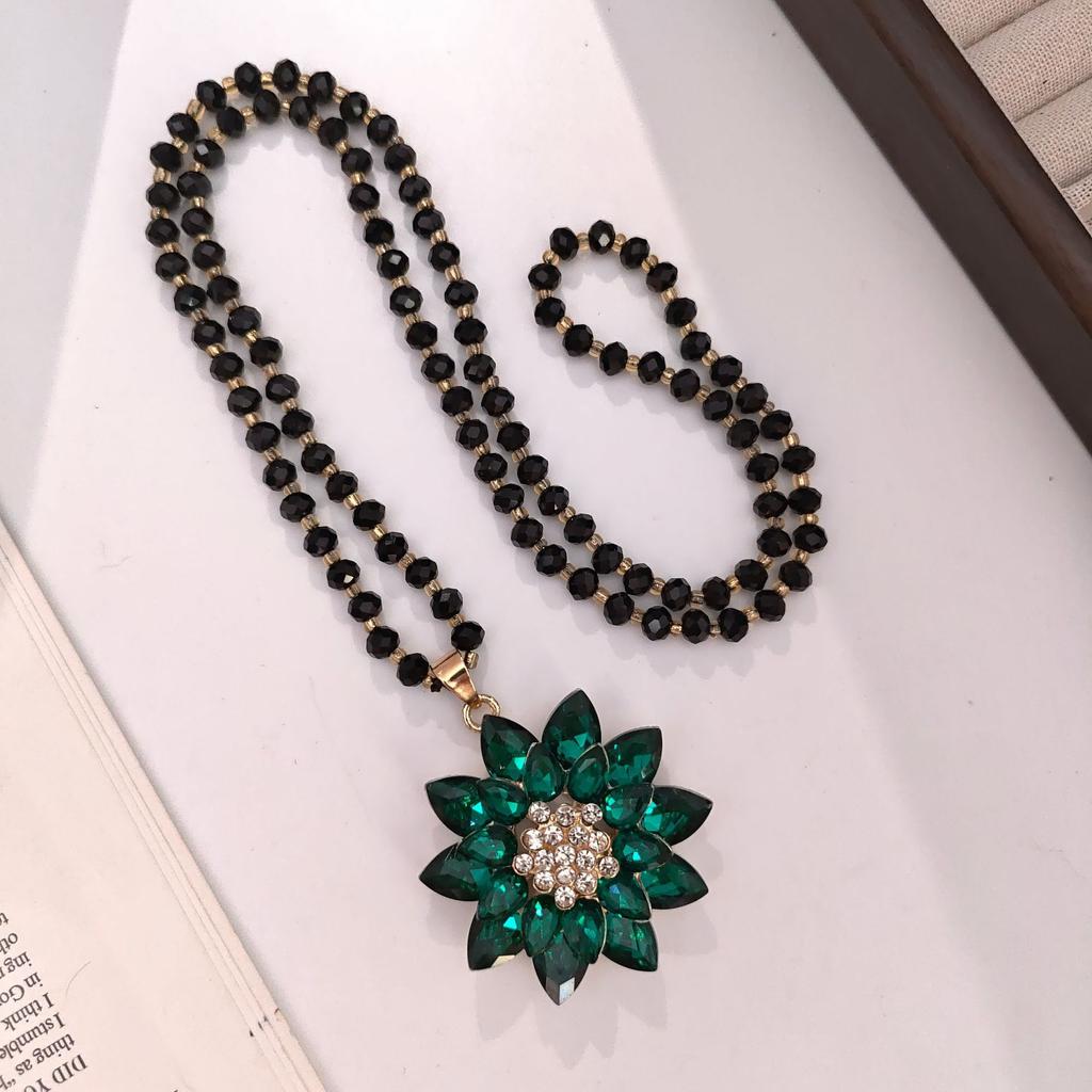 Хрустальный цветок двойная подвеска цепочка для свитера цепочка из черных бусин длинное ожерелье модное в стиле легкой роскоши женские универсальные аксессуары для одежды