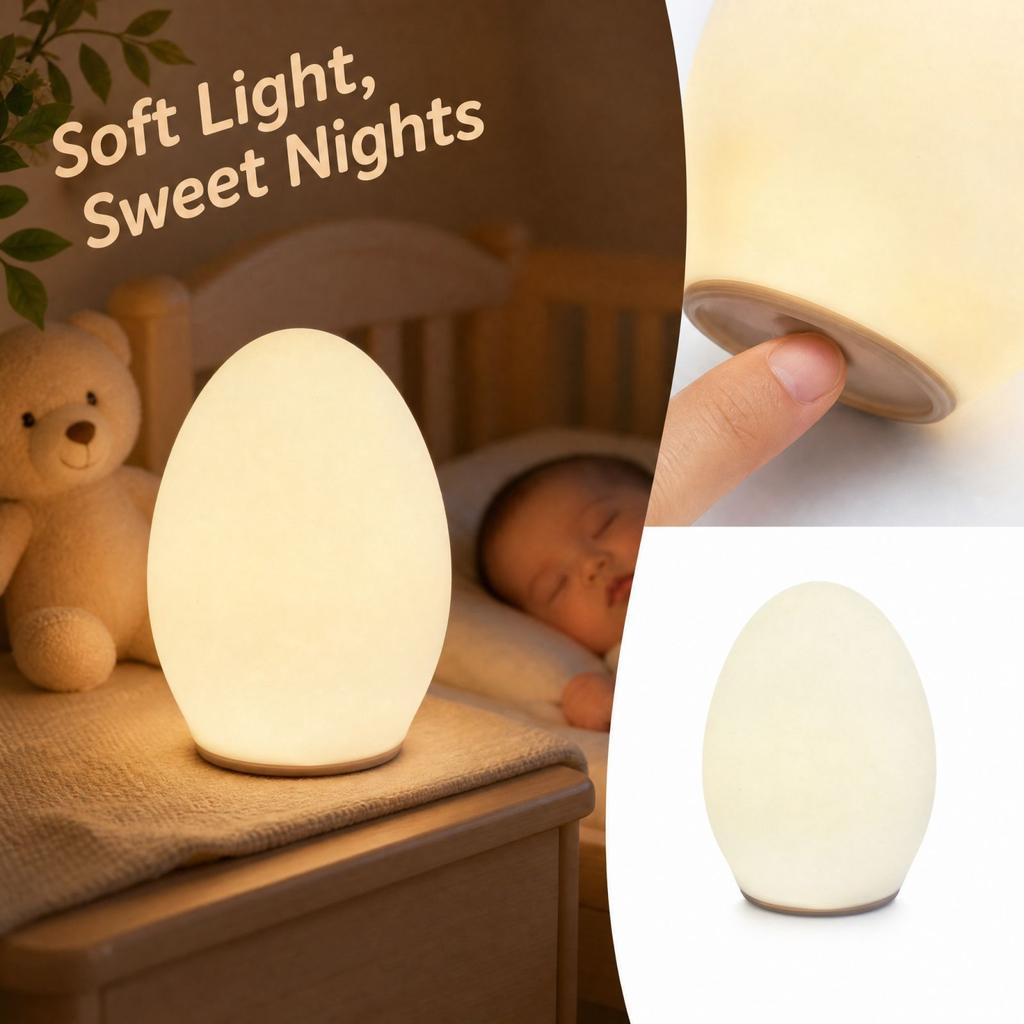 Egg Shaped Silicone Tap Night Light for Bedroom and Nursery