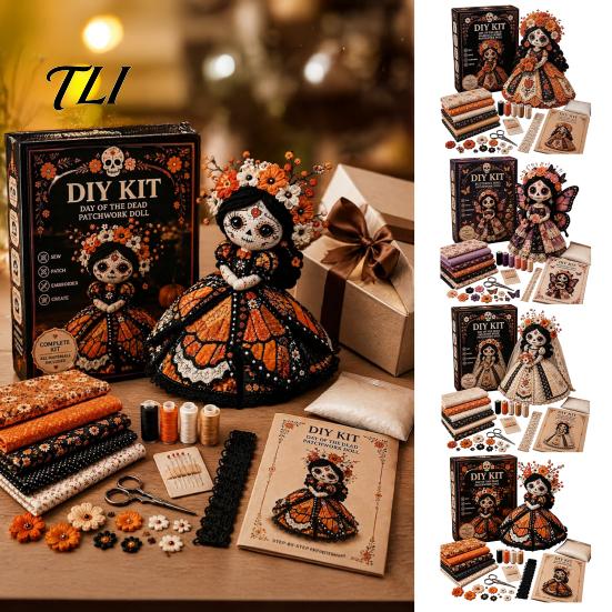 Beginner Friendly Sewing Project Halloween Patchwork Doll DIY Kit, Skeleton Witch Girl Handmade Easy Embroidery Starter Set Fabric Craft for
