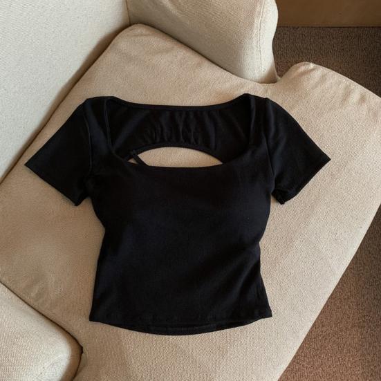 Женская футболка с квадратным воротником и коротким рукавом, с вырезом на спине, однотонная облегающая укороченная футболка, повседневная одежда