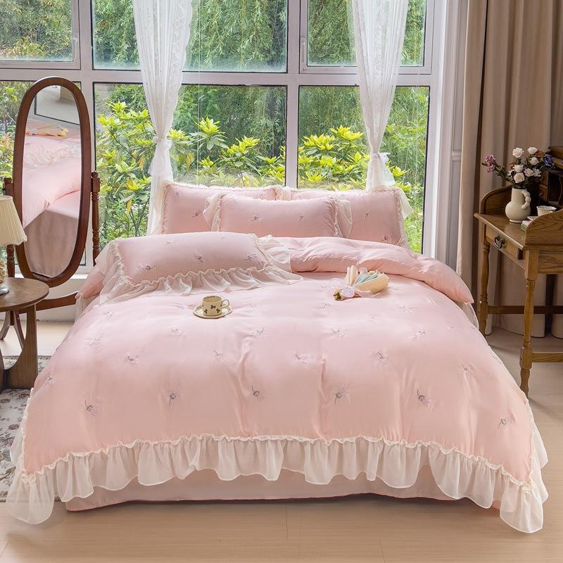 Постельное белье из тенселя Четыре предмета Легкая роскошь Французский принцессный стиль Ледяной шелк Комфортный Шелковистый Простыня Пододеяльник Наволочка