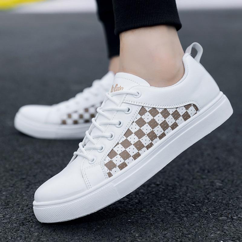 2025 New Grid Men Leather Board Shoes Summer Lightweight Breathable Flats Casual Shoes Fashion White Hot Sale Man Sneakers Tenis