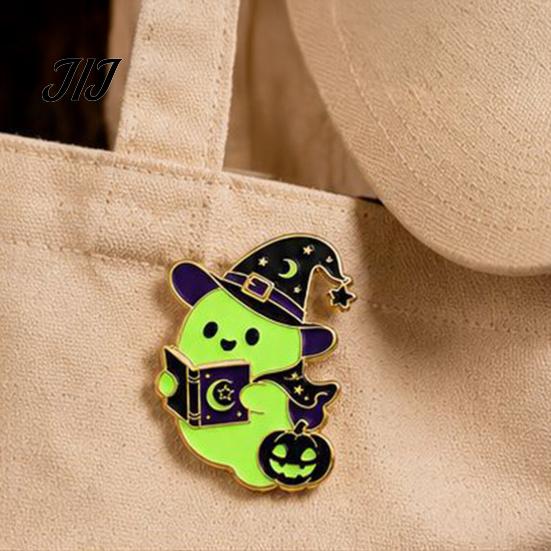 Halloween Theme Pin Witch Hat Ghost Enamel Brooch, Glow-in-the-Dark Cartoon Pin, Holiday Badge for Sweaters Jackets Scarves Decoration