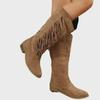 Women's Large Denim Tassel Knight Boots - Mid-Heel, Knee-Length (2024 Autumn/Winter Collection)