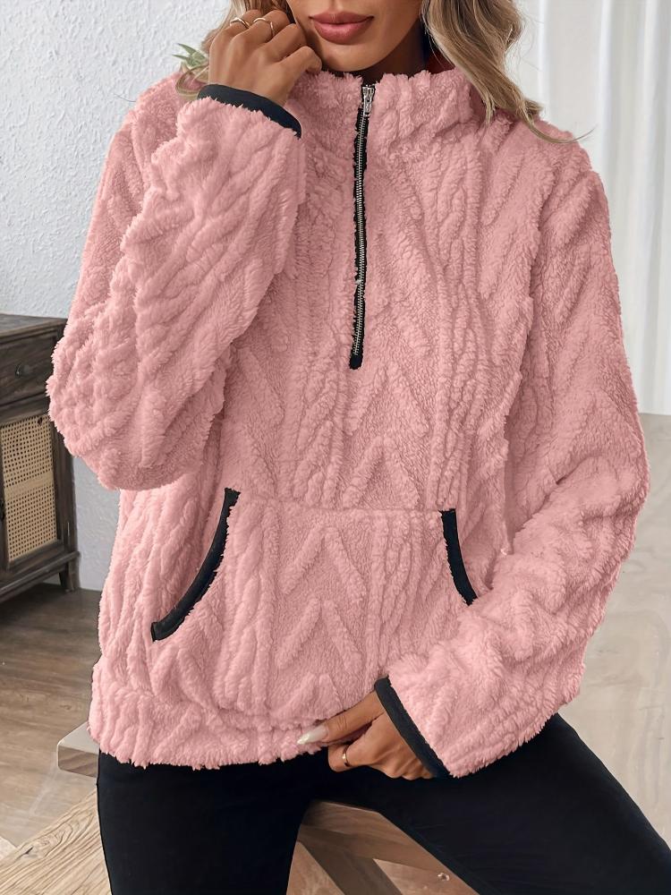 Women'S Fashion Fuzzy Sweatshirt, Solid Color, with Lapel Collar and Zipper Detail, for All-Season Comfort Pullover