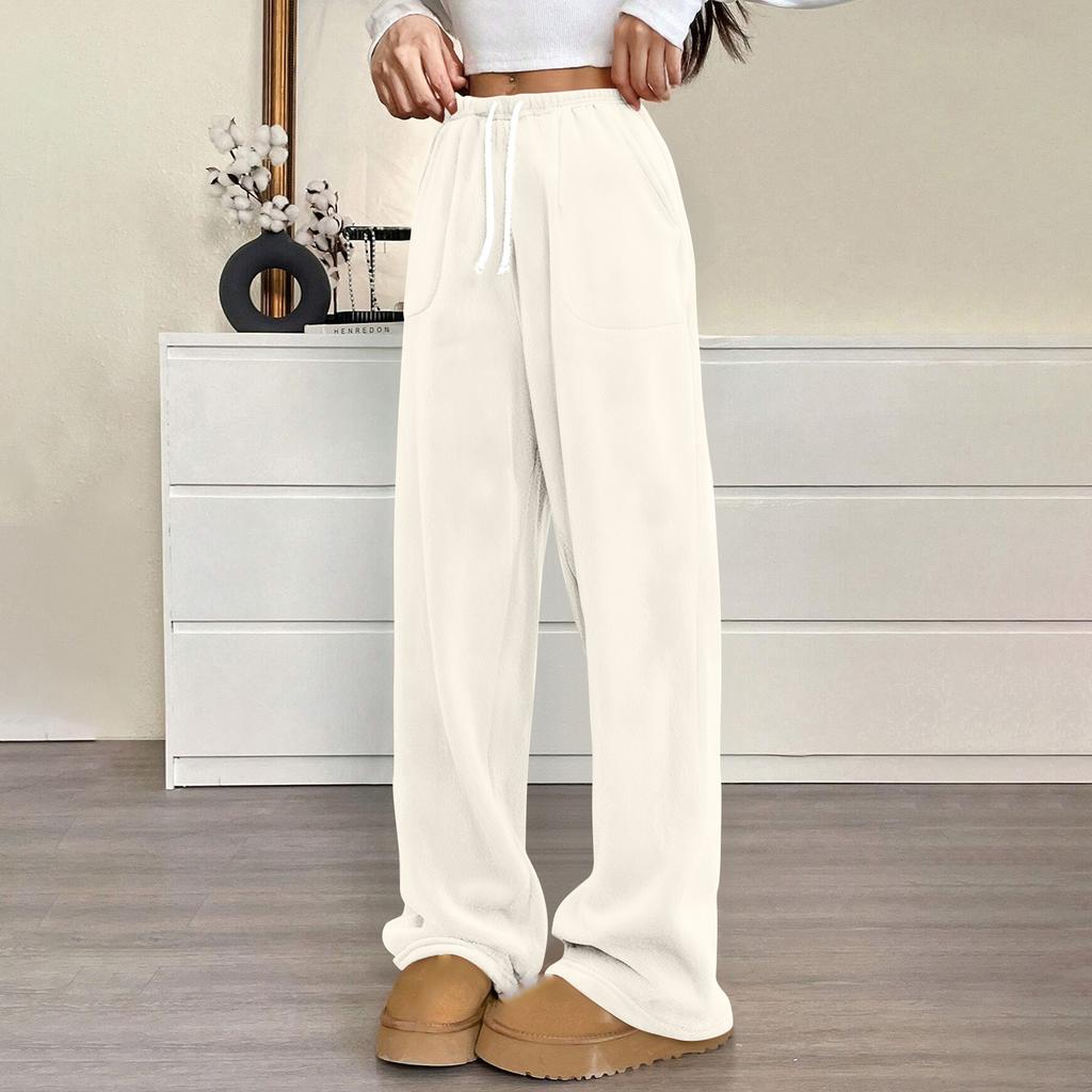 Женские пижамные штаны, плюшевые пижамные штаны, мягкая эластичная талия, пижамные штаны, однотонные штаны с 2 карманами