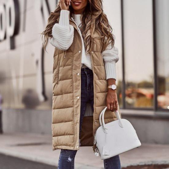 Women Winter Vest Coat Padded Solid Color Sleeveless Hooded Drawstring Single-breasted Mid Length