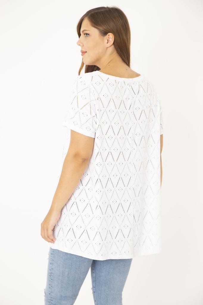 Женская блузка большого размера, белая блузка с короткими рукавами и v-образным вырезом из перфорированной ткани больших размеров