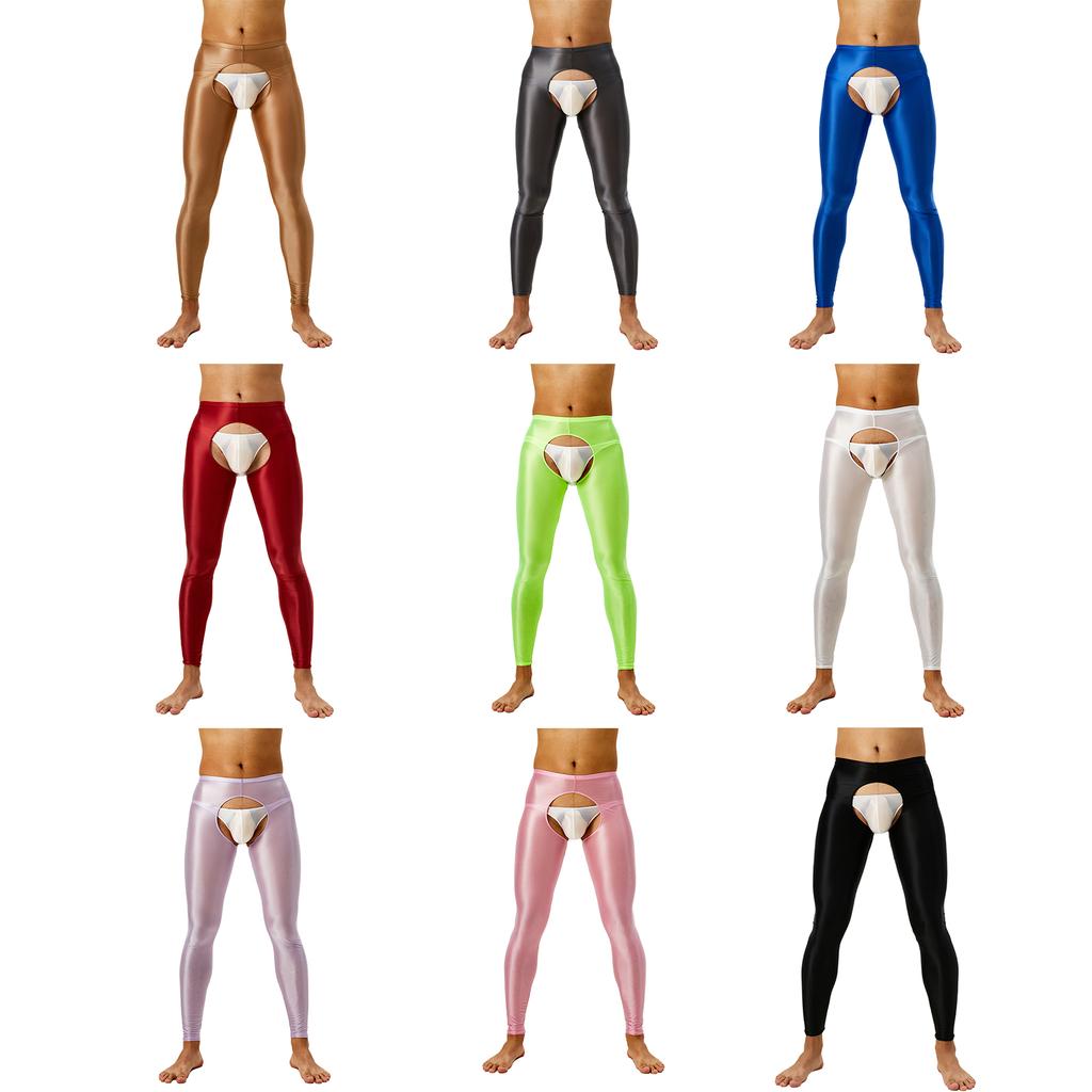 Mens Glossy Open Crotch Leggings Pants High Waist Slim Fit Tights Underwear Baselayer Pants for Nightclub Dance Wear