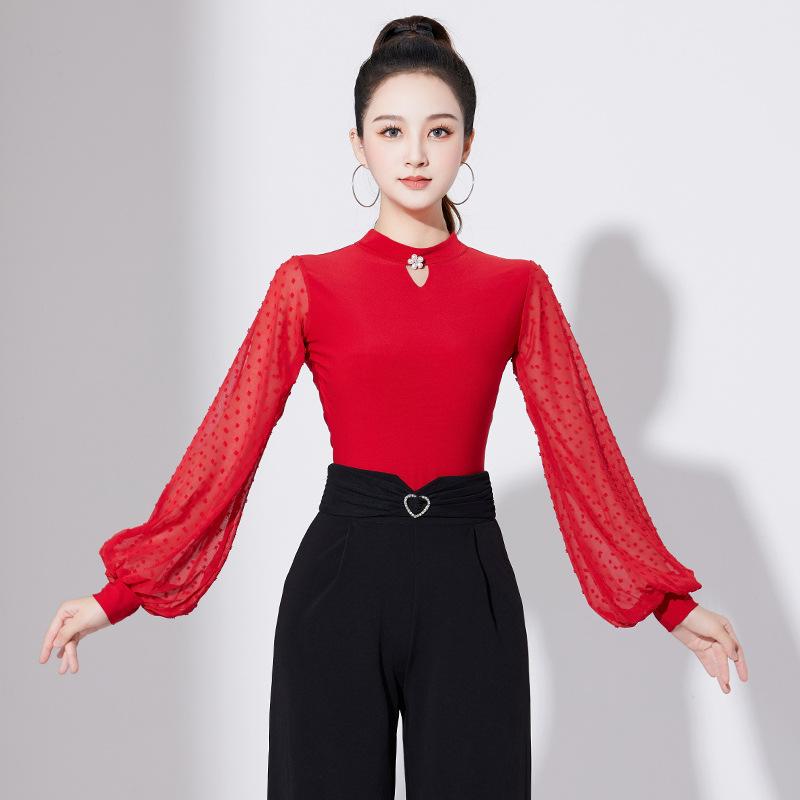 Современные танцы рукава-фонарики танцевальное платье женское маленькое с высоким воротником национальный стандарт танцевальное платье комбинезон с длинными рукавами вальс топ