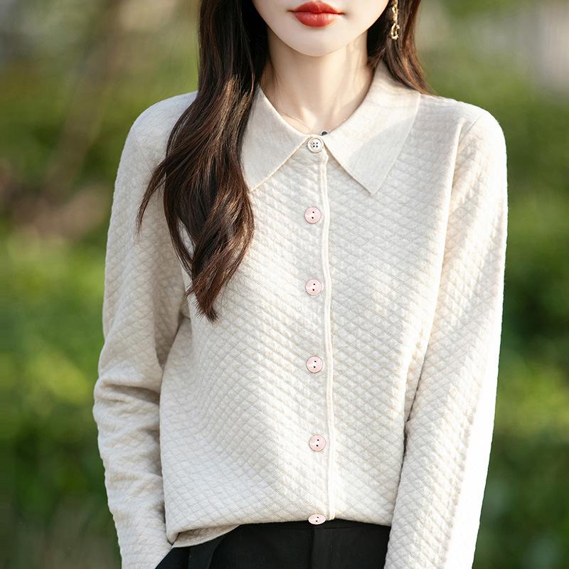 Doll Collar Rhombus Wool Knitted Cardigan Solid Color Versatile Doll Collar Jacket Thin Outer Sweater Top Cardigan