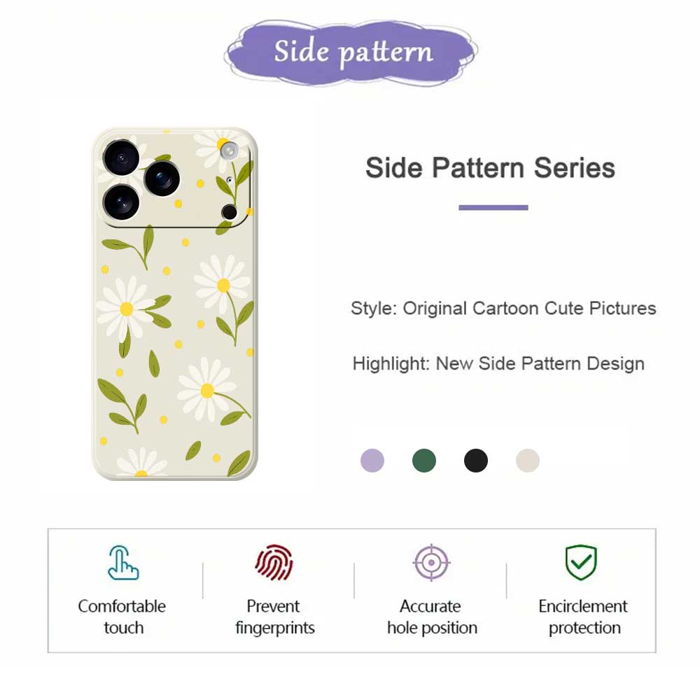 For iPhone 17 Pro Case White Flowers Green Leaves Pattern Printing Straight Edge TPU Phone Back Cover