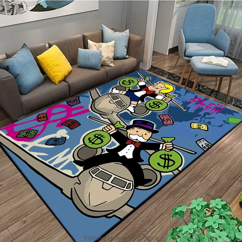 Playful Rich Man Game Monopoly Dollar Cartoon Carpet Rug for Bedroom and Living Room Non-slip Floor Mat Decorative Sofa Doormat
