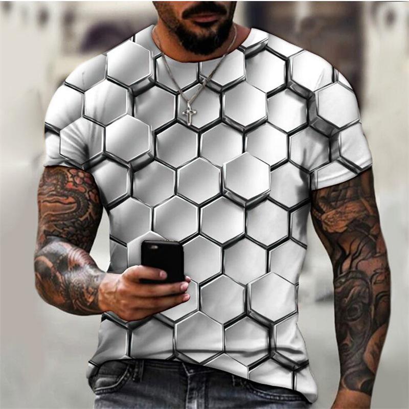 Short Sleeved Round Neck Loose Casual Men's T-shirt, Men's Geometric T-shirt