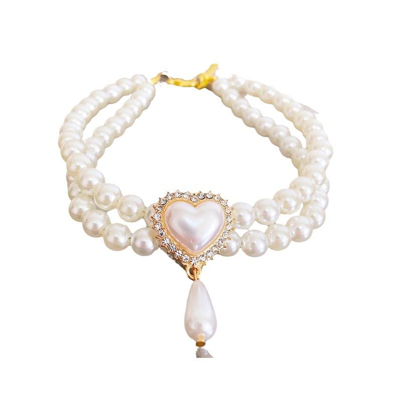 Luxury Rhinestone Inlaid Double Pearl Pet Necklace For Cat Dog Kitten Puppy Birthday Gift