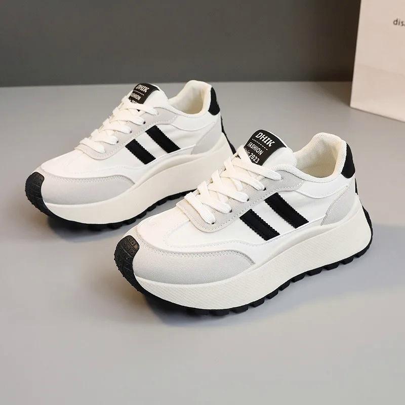Spring 5.5cm Thick Bottom Women'S Shoes 2025 Summer Classic Campus Style Chunky Girl'S White Leather Patchwork Casual Sneakers