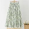 Spring Summer Women High-waisted Floral Printed Skirts Elastic Waist Elegant Casual Linen Cotton Midi Green Skirts