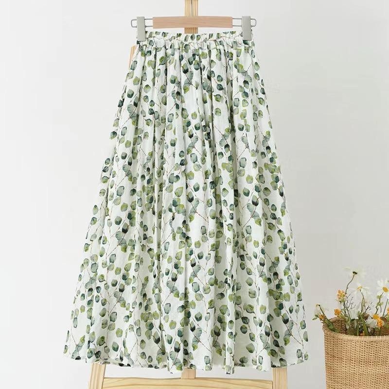 Spring Summer Women High-waisted Floral Printed Skirts Elastic Waist Elegant Casual Linen Cotton Midi Green Skirts
