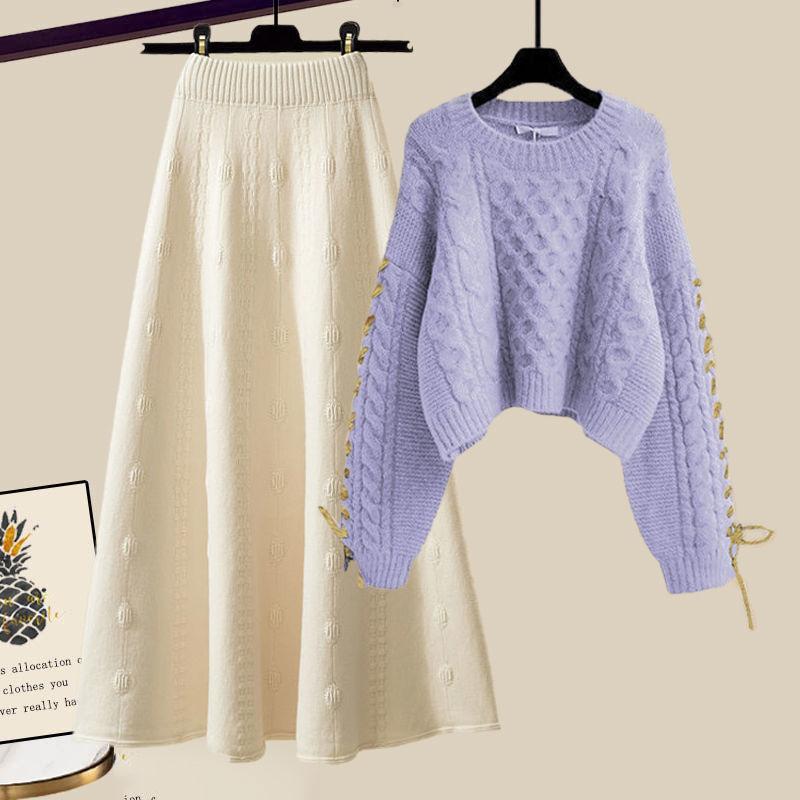 Осень-зима женские юбки костюмы пуловер вязаный свитер трикотажная юбка комплект из двух частей эластичный свитер с круглым вырезом юбка-трапеция наряды