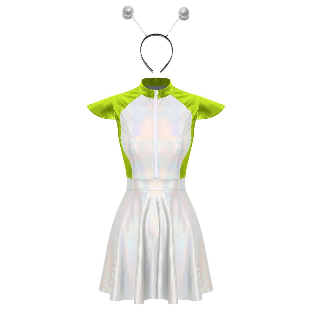 Womens Space Alien Costume Cap Sleeve Cutie Design Outer Space Theme Dress and Hair Hoop