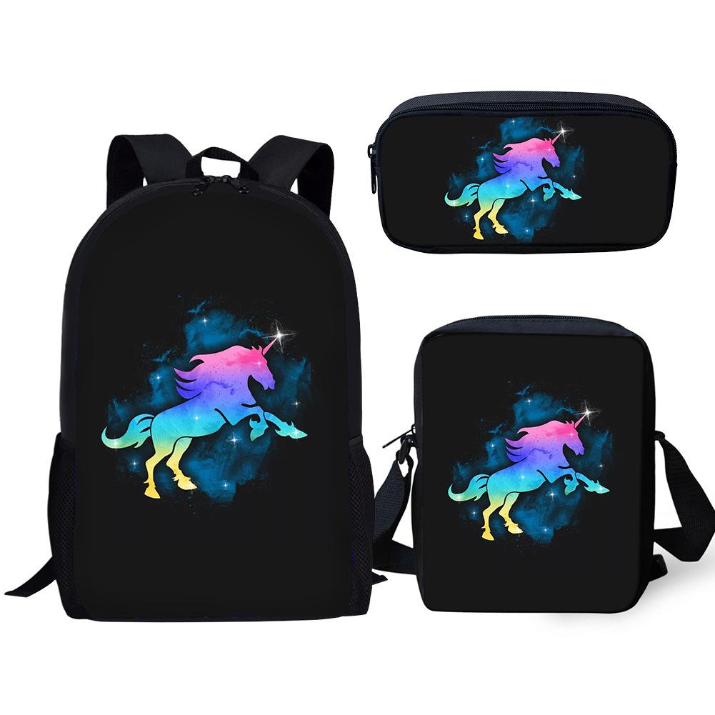 Fashion Novelty Rainbow Unicorn 3D Print 3pcs/Set Pupil School Bags Laptop Daypack Backpack Inclined Shoulder Bag Pencil Case