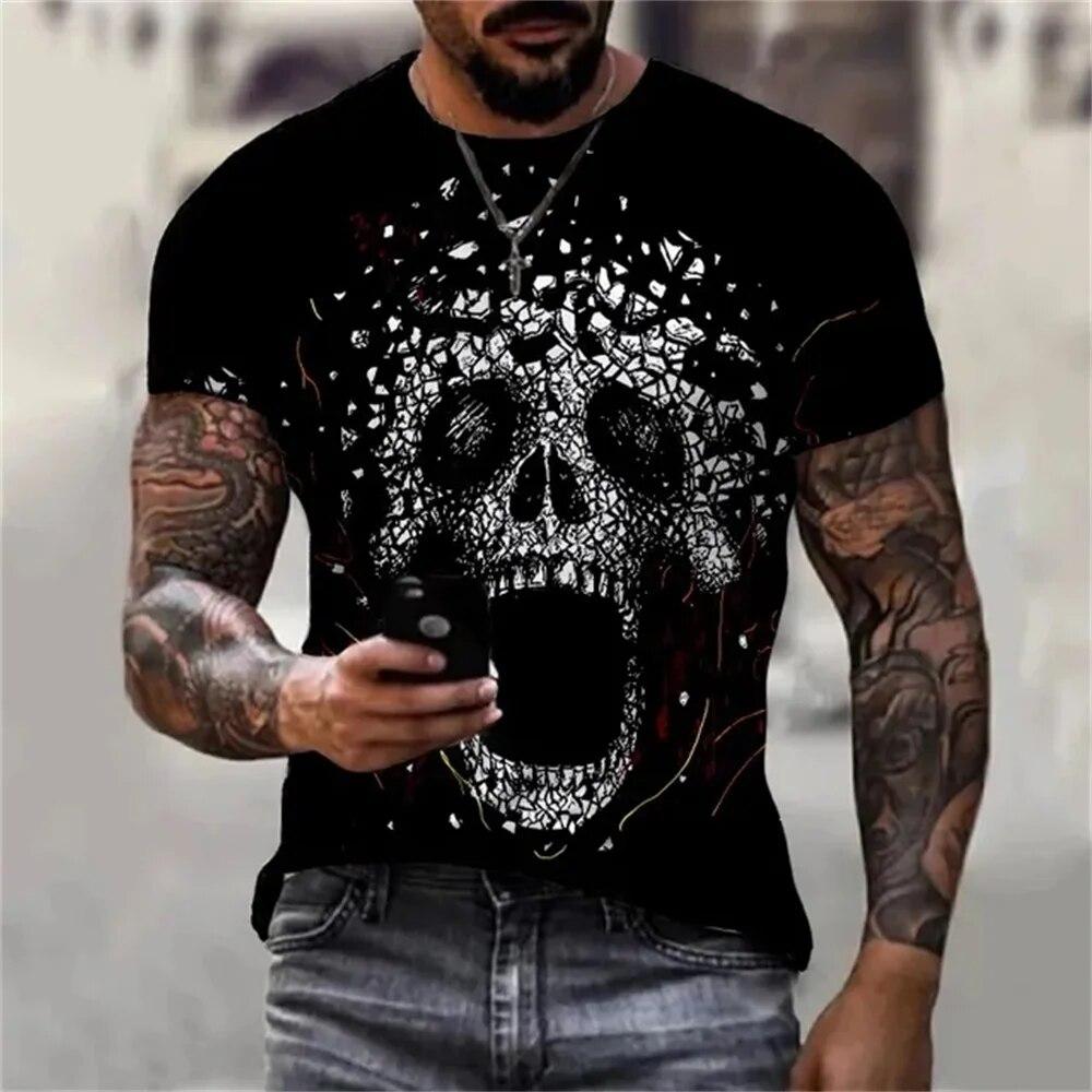 Мужская летняя новая футболка с круглым вырезом Terror Skull Графический 3D принт с коротким рукавом Винтаж Повседневная модная мужская уличная одежда
