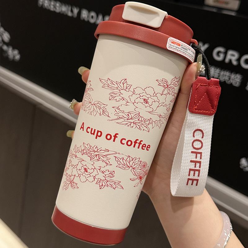 New stainless steel lily of the valley coffee cup high value thermal insulation cold coffee cup rope portable double drink straw cup