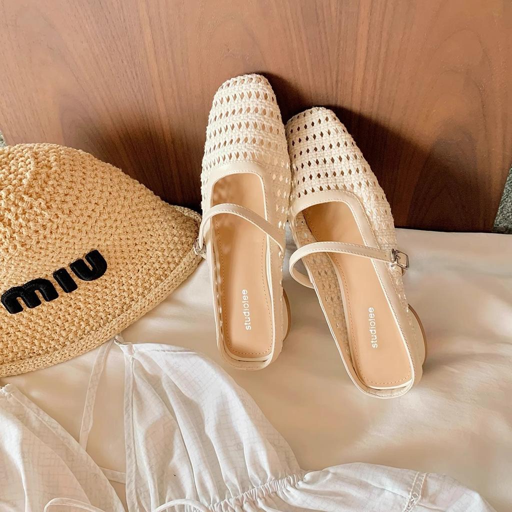 Retro woven hollow square head with thick heel Muller half slippers women's summer wear beach temperament bag head sandals
