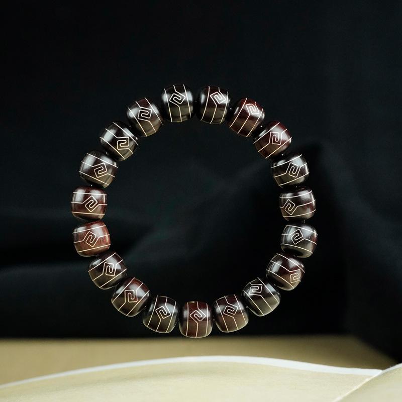 Indian lobular red sandalwood handmade silver-inlaid gold hoop bracelet surrounded by inlaid paper pattern old beads with beads bracelet