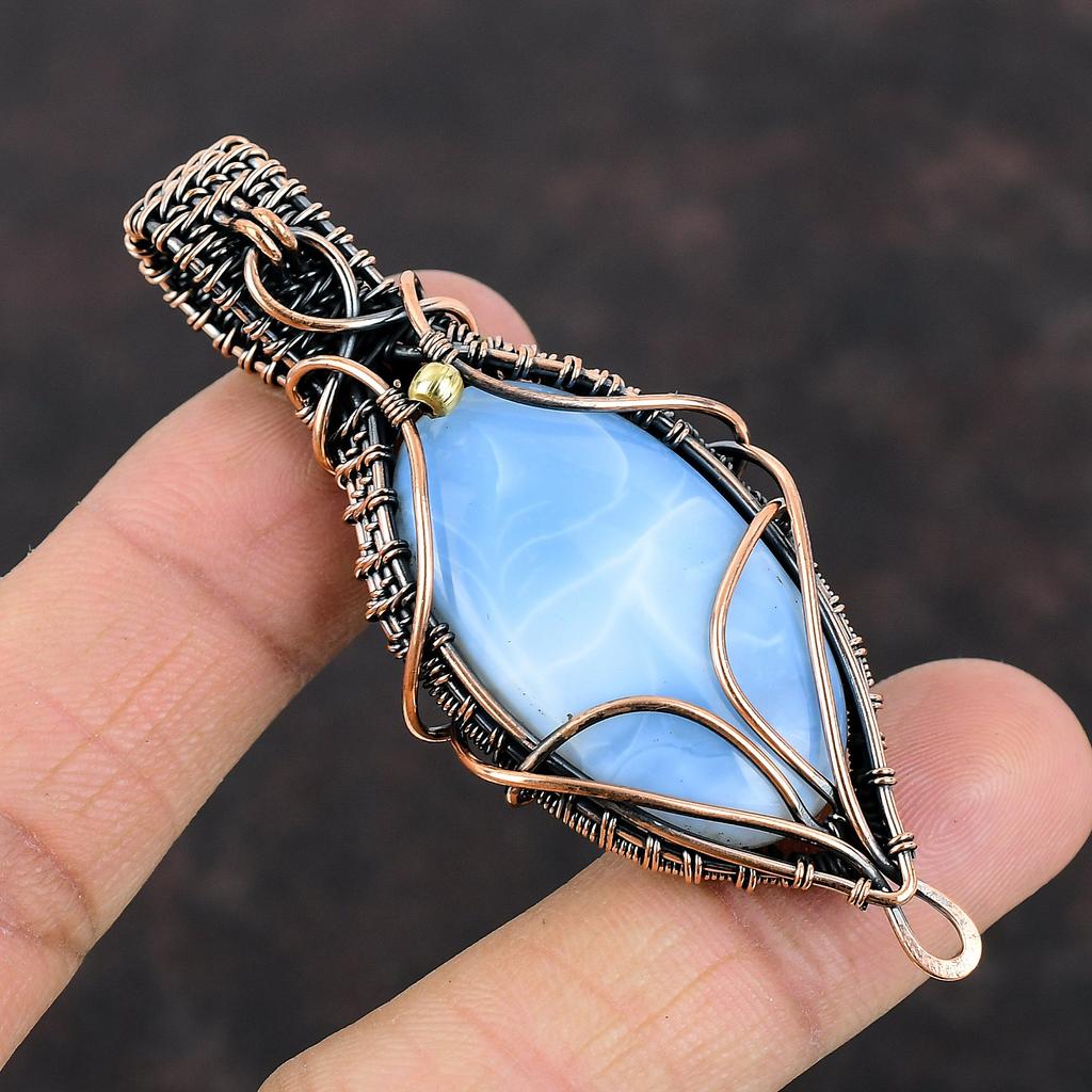 Кулон с Овайхи Голубым Опалом, Кулон, обернутый медной проволокой, Драгоценный камень, Ювелирное изделие ручной работы, Подарок для женщин, Кулон новейшего дизайна, Красивое медное украшение