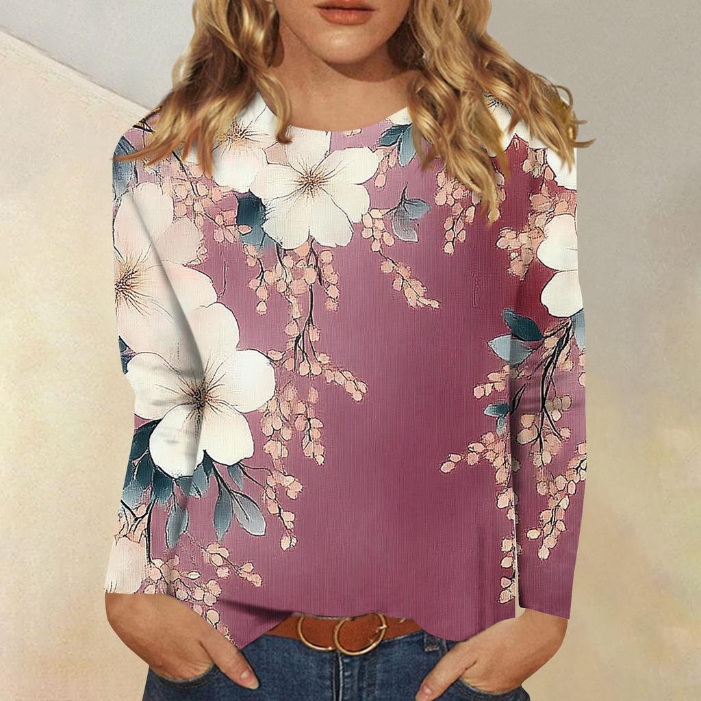 Женская модная повседневная футболка с круглым вырезом и длинным рукавом с принтом, топ