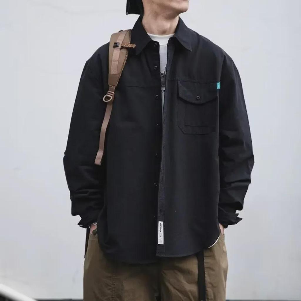 Japanese Retro Solid Color Men's Casual Work Shirt - Spring/Fall Loose Basic Style Jacket