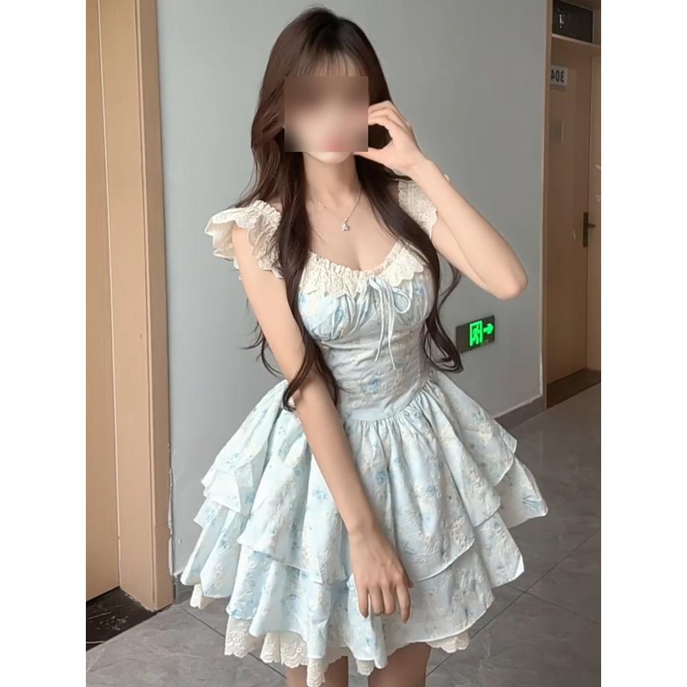 Sweet Little Flying Sleeve Floral Dress Children Summer Sweet Sister First Love Princess Puffy Skirt Waist Small Short Skirt