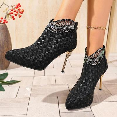 Роскошные ботильоны с блестящим декором в виде листьев для женщин, осень 2025, сексуальные, с острым носком, на супервысоком каблуке, для вечеринок, ботильоны на молнии сзади