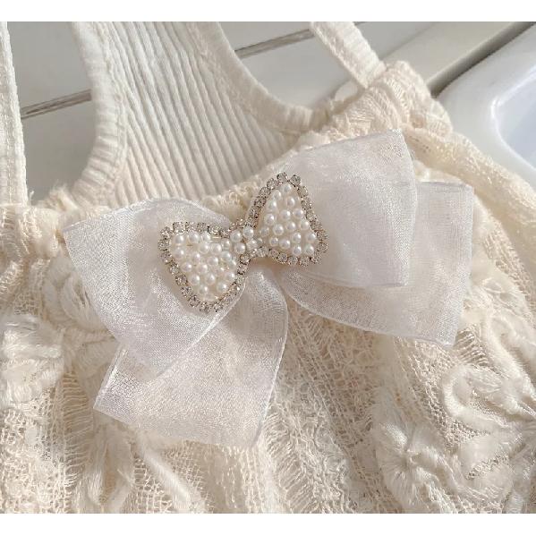 White Lace Pet Cami Dress Pearl Bow Rhinestone Decor Summer Sleeveless Skirt for Small Dogs Maltese Yorkshire