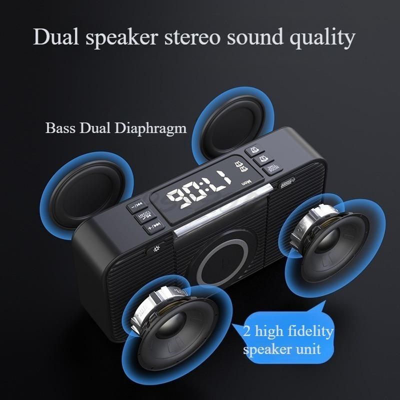 Беспроводная зарядка Bluetooth-динамик Часы FM-радио Ночник Электрический двойной динамик Громкий будильник Порты USB и Type-C для зарядки телефона