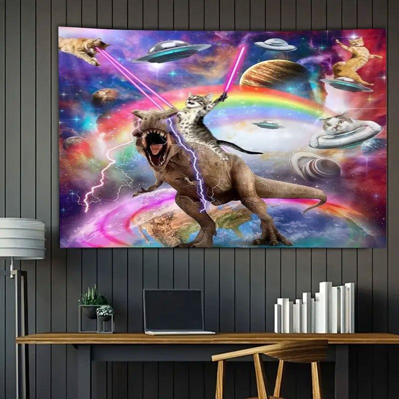 VIKAMA Space Laser Cat Riding Dinosaur Funny Tapestry Rainbow Universe Game Room Decoration Room Decoration Home Decoration