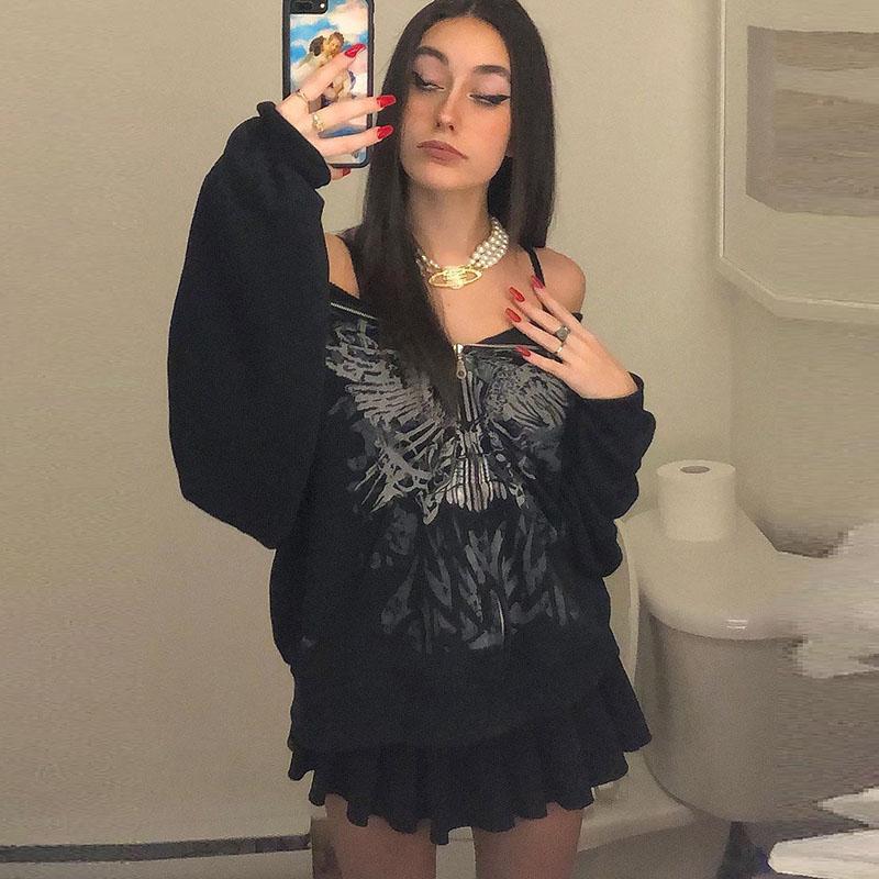 Y2K Толстовки на молнии с принтом бабочки в стиле гранж-панк, уличная одежда в готическом стиле, черное пальто с капюшоном, осенняя свободная куртка с длинными рукавами