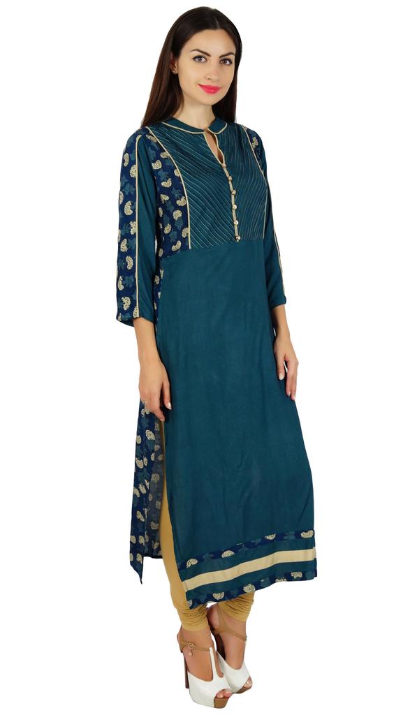Bimba Women Blue Chic Style Tunic Indian Designer Kurta Kurti Boho Collar Neck Custom