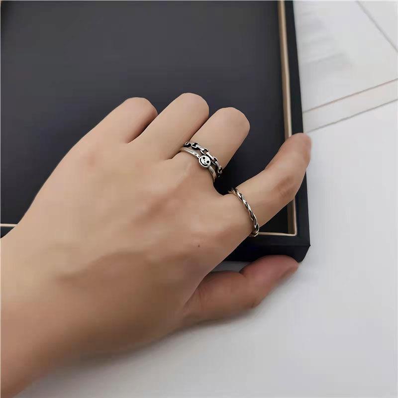 2 шт., милые открытые кольца со смайликом для женщин и мужчин, винтажная круглая цепочка, набор колец, вечерние полые регулируемые ювелирные изделия в стиле панк, подарок