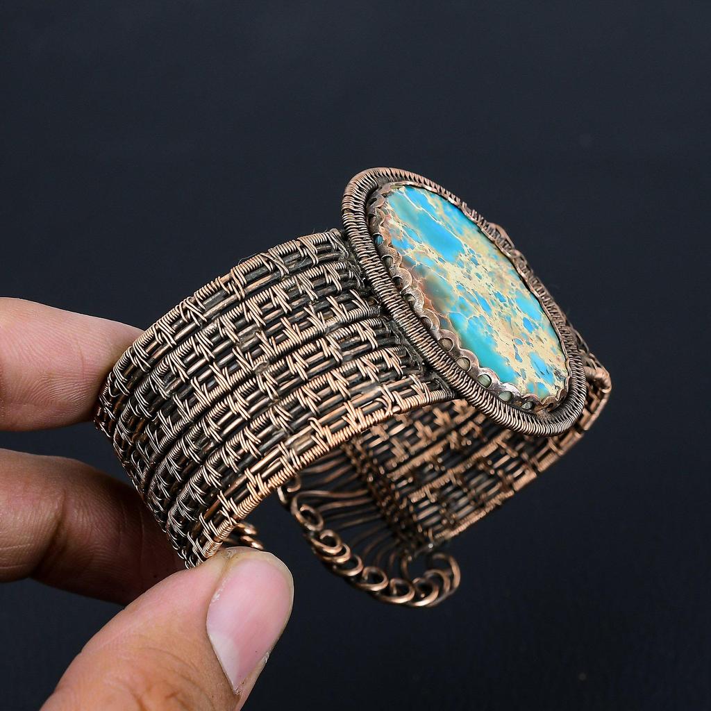 Синий морской осадок, драгоценный камень, чистая медная проволока, завернутая в манжету/браслет ручной работы, регулируемые ювелирные изделия