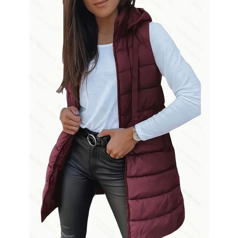 New Women's Coat Solid Color Medium and Long Vest Hooded Slim Sleeveless Coat Women