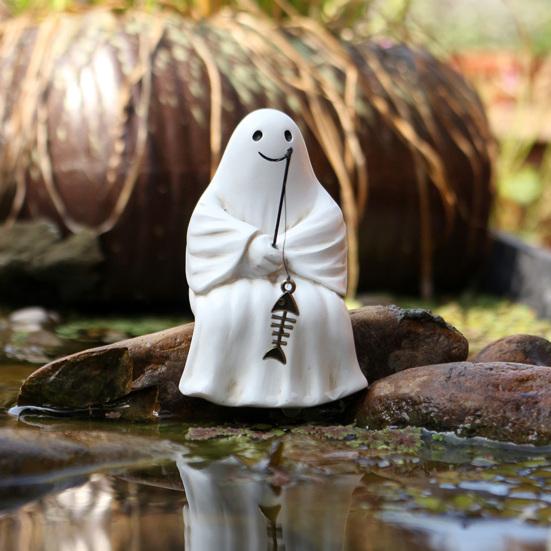 Хэллоуин Скульптура Синтетическая смола Скелет Рыбак Статуя Мини Привидение Рыбалка Пруд Садовое украшение