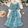 Women's Chic Sweet Slim Square Neck Bubble Sleeve Floral Dress Super Fairy Temperament A-line Dress