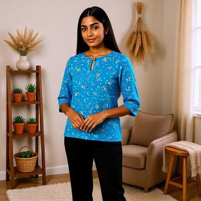 Винтажная повседневная блузка, для женщин, цветочный принт, круглый вырез, рукава три четверти, элегантный свободный крой