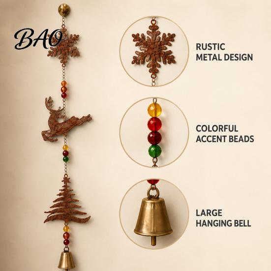 Festive Entrance Hall Decor Rustic Metal Christmas Elk Wind Chime, Xmas Hanging Ornament with Reindeer Holiday Atmosphere Door Hangers Snowflake Tree