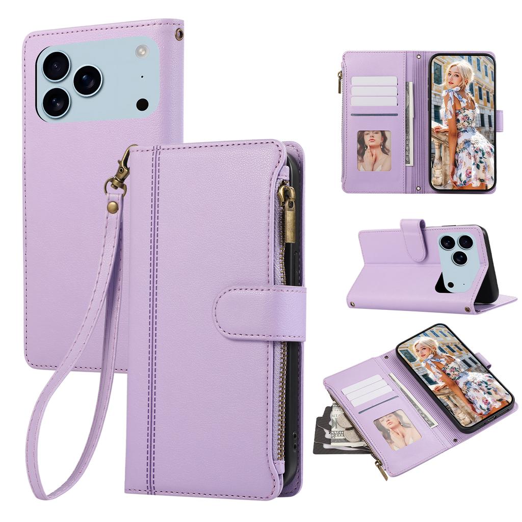 For iPhone 17 Pro Max Case Multi Card Slots Zipper Leather Phone Cover with Wrist Strap